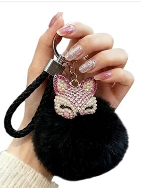 Fifi the Fox 🦊✨ Rhinestone Fox Pom Bag Charm & Keychain – Black